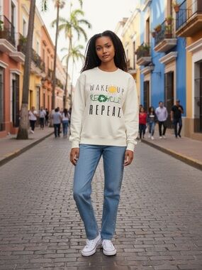 NWT Ecothreads Crewneck Sweatshirt M “Wake Up Recycle Repeat” Cream